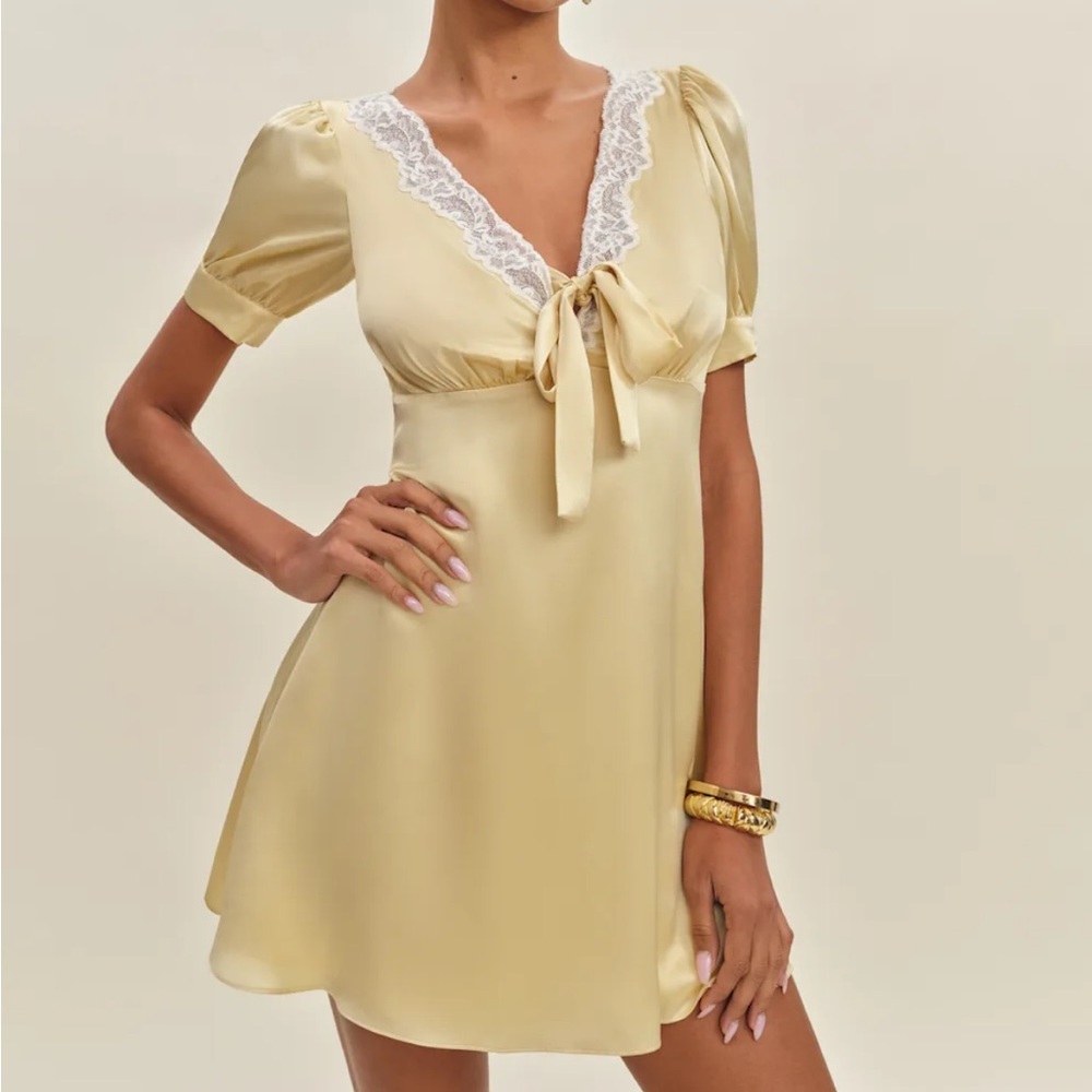Reformation Butter Yellow Avina Mini Dress with Lace Trim